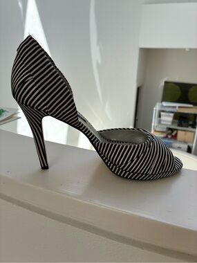 Caparros Black and White Striped Peep-Toe Heel